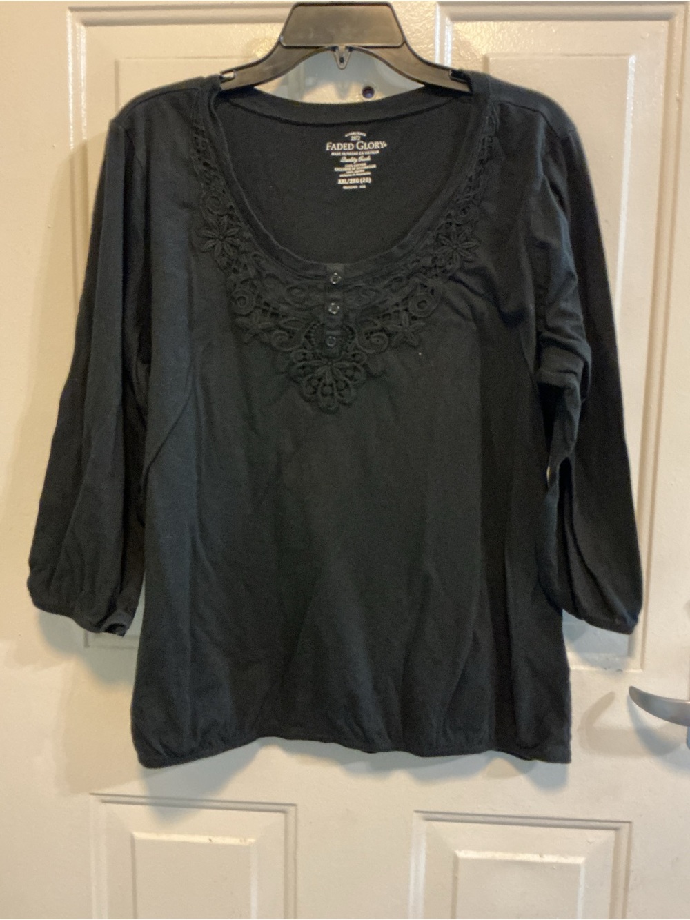 Faded Glory Black Scoop Neck Long Sleeve Top with Crochet Yoke